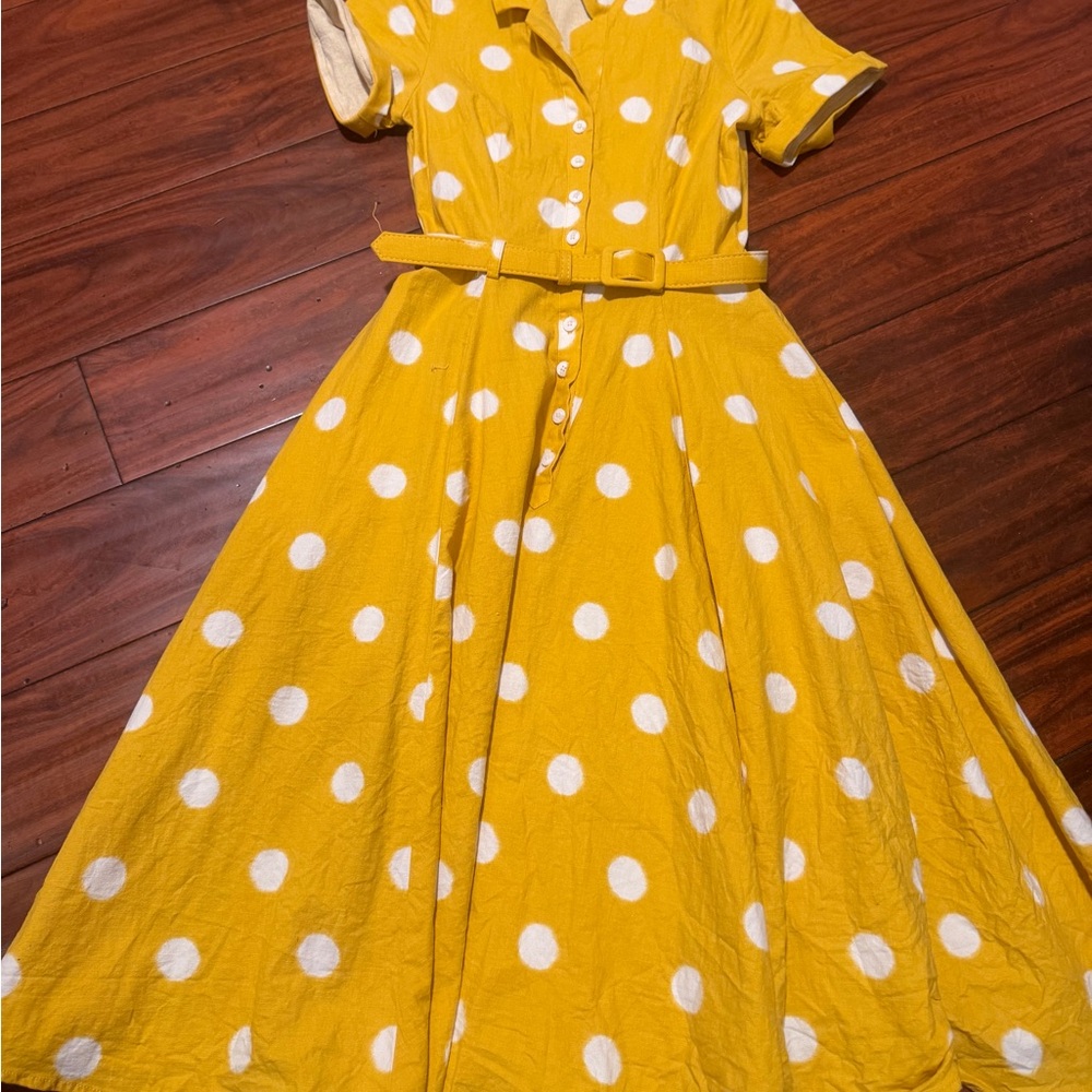 Modcloth Yellow Polka Dot Belted Midi Dress with White Spots - Picture 2 of 10